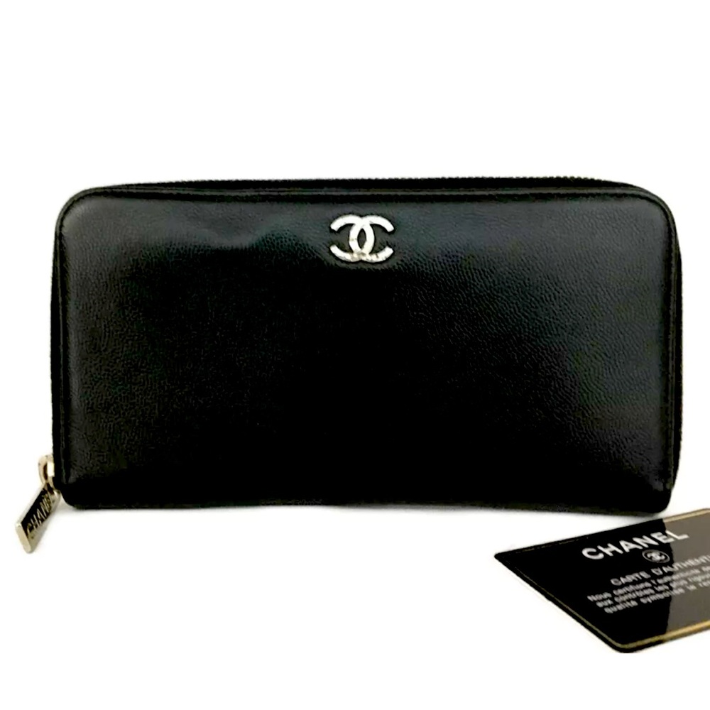 230 Chanel CC Logo Bifold Wallet Zip Around Long Black Wallet